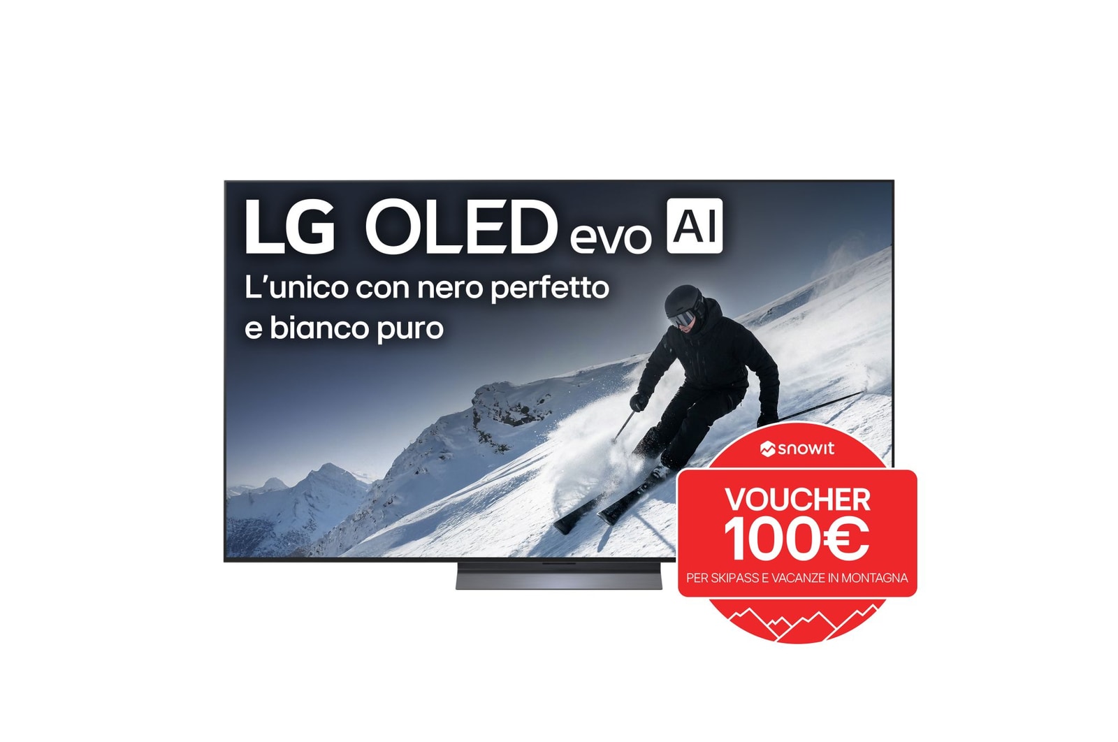Vista frontale di una TV 77 pollici LG OLED evo AI C5 4K Smart TV 2025 OLED77C5ELB con bollo promozione
